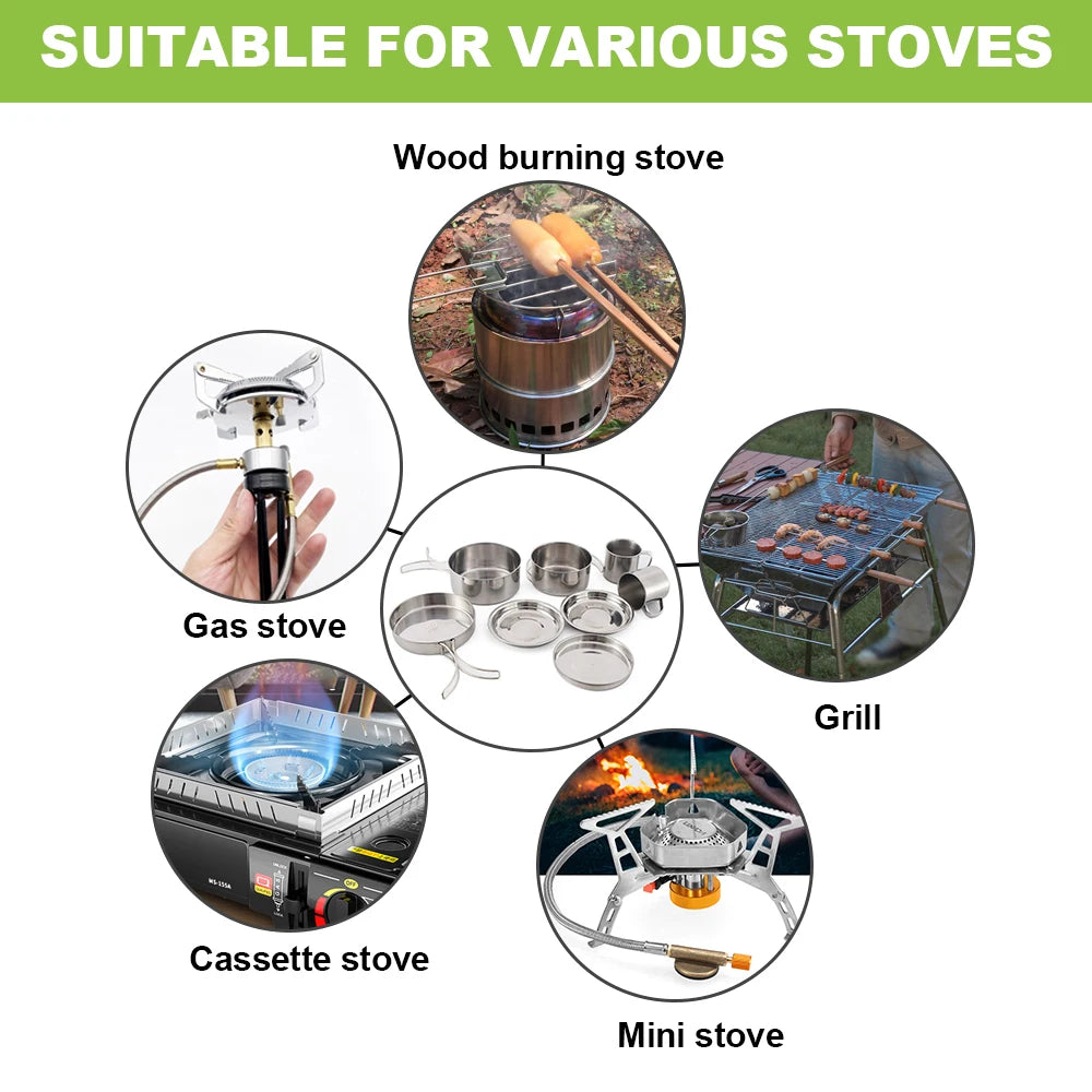 8pcs/Set Camping Cookware Mess Kit Stainless Steel Cooking Pot and Pan Set with Plates Cups for Outdoor Hiking Backpacking