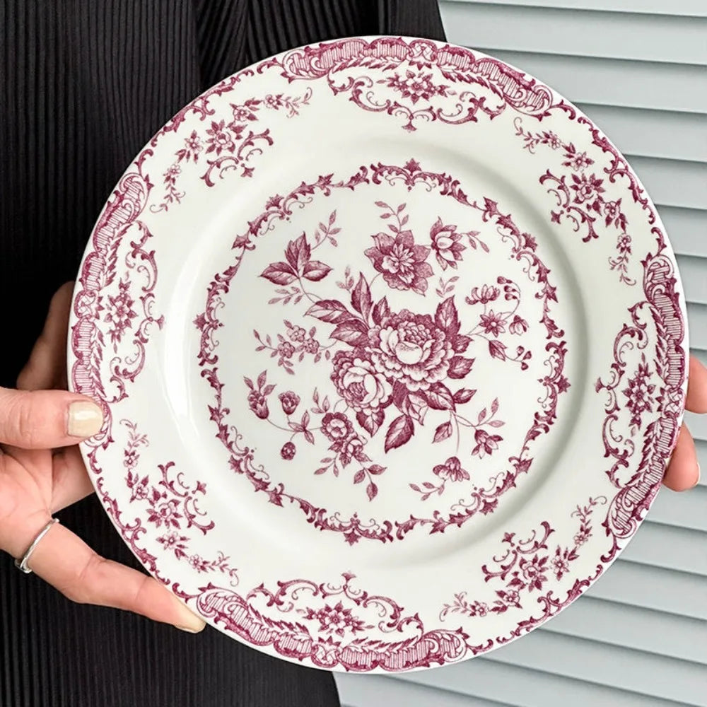 Dinner Set Retro Nordic Flower Pattern Disc Round Elegant Dinner Plate Light Luxury Ceramic Dessert Plate Hotel