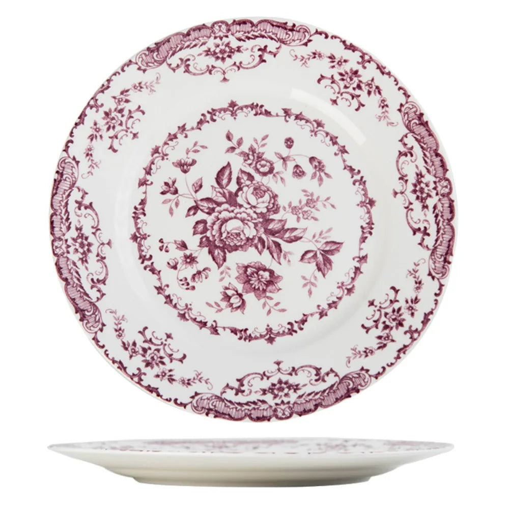 Dinner Set Retro Nordic Flower Pattern Disc Round Elegant Dinner Plate Light Luxury Ceramic Dessert Plate Hotel