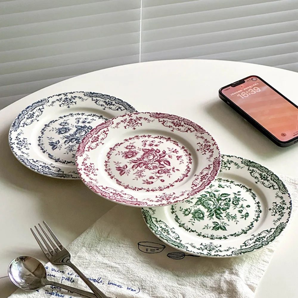 Dinner Set Retro Nordic Flower Pattern Disc Round Elegant Dinner Plate Light Luxury Ceramic Dessert Plate Hotel
