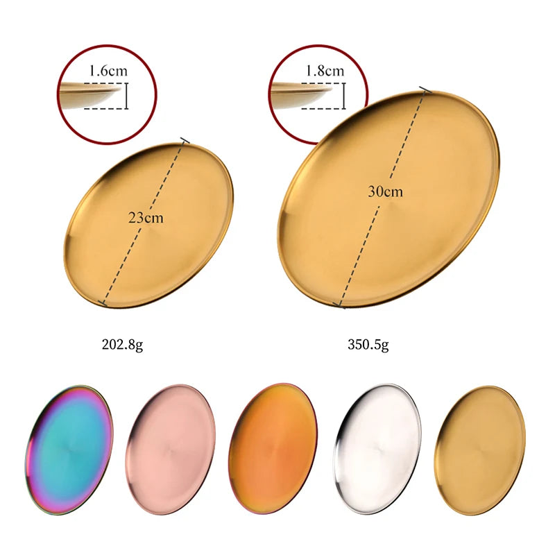 Stainless Steel Dinner Plates European Style Dessert Plate Kitchen Serving Dishes Salad Plate Cake Tray Western Steak Round Tray