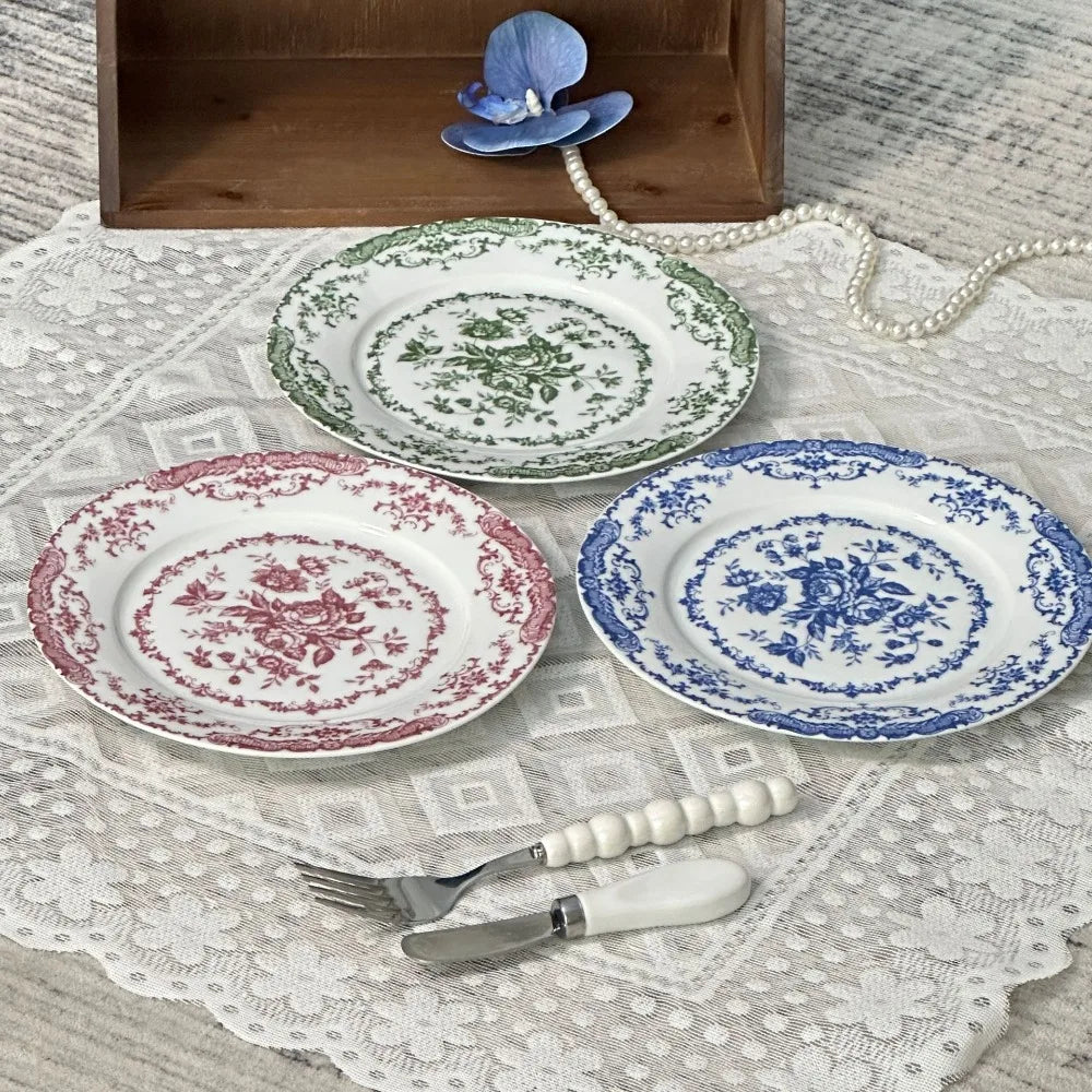 Dinner Set Retro Nordic Flower Pattern Disc Round Elegant Dinner Plate Light Luxury Ceramic Dessert Plate Hotel