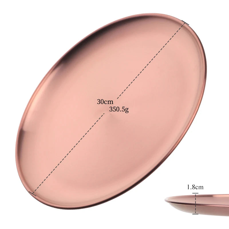 Stainless Steel Dinner Plates European Style Dessert Plate Kitchen Serving Dishes Salad Plate Cake Tray Western Steak Round Tray