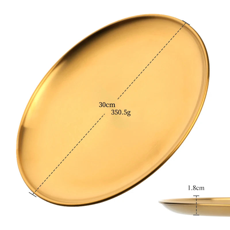 Stainless Steel Dinner Plates European Style Dessert Plate Kitchen Serving Dishes Salad Plate Cake Tray Western Steak Round Tray